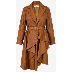 Posh Shoppe Faux Leather Asymmetrical Ruffle High/Low Coat Brown 2XL Vegan
